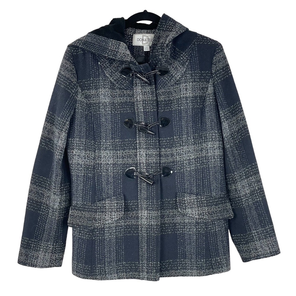 Donatella Plaid Wool Blend Coat Womans M Hooded Plaid Full Zip Toggle Closures